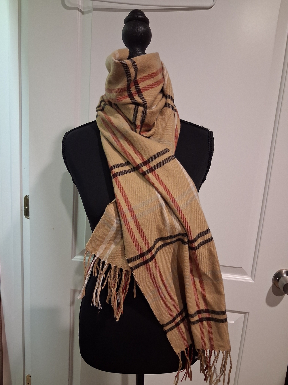 Beige Plaid Women's Scarf with Fringe - Classic Neutral Wrap